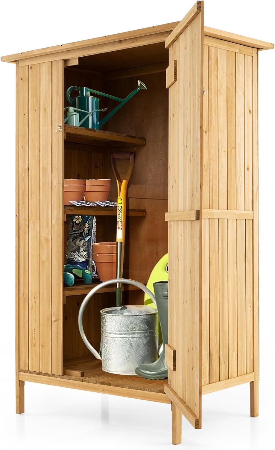 COSTWAY, Gerätehaus, 91 x 66 x 150 cm, Gartenschrank Holz, Geräteschuppen mit Asphalt-Dach & 3 Regalen & 5 Haken