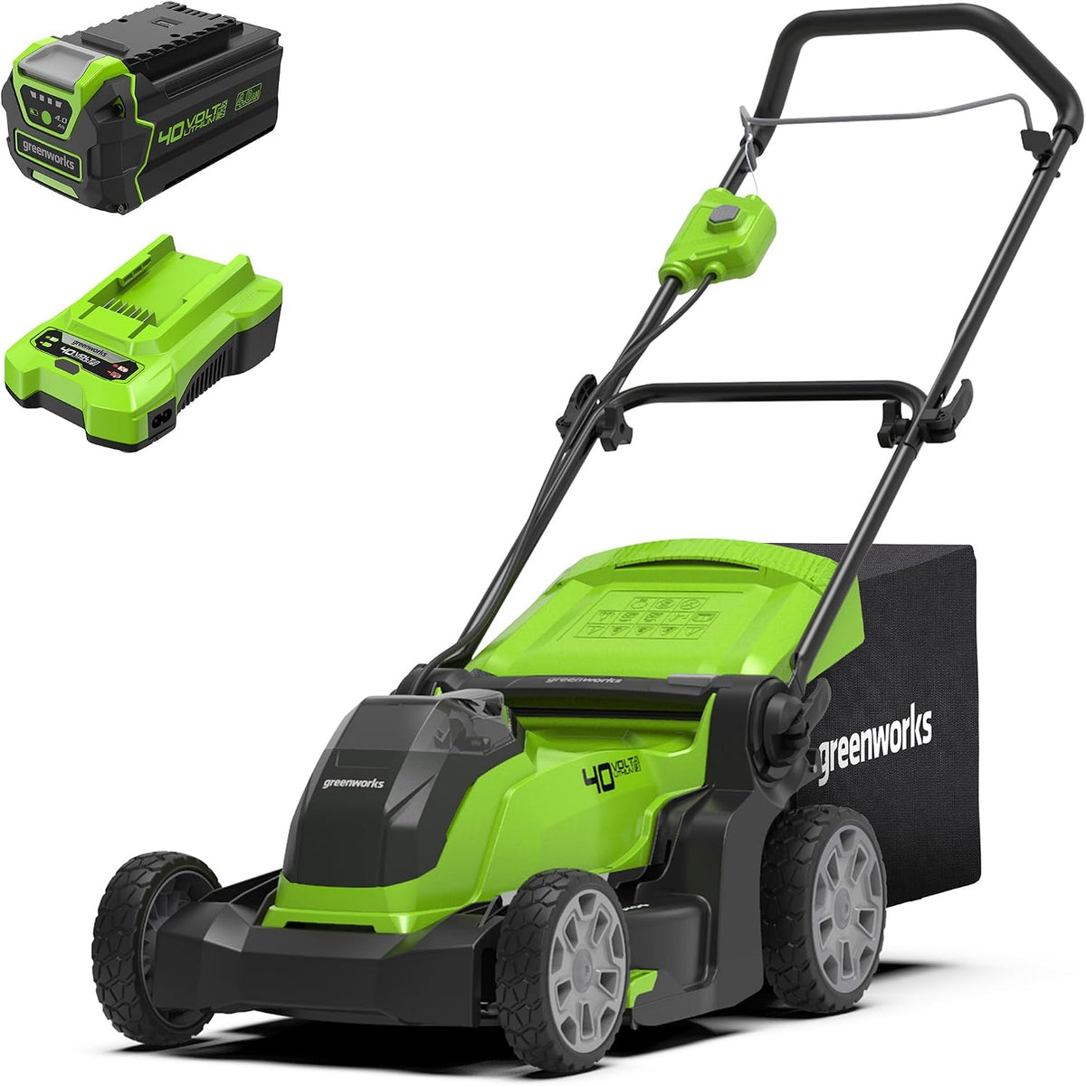 Greenworks, Rasenmäher, 500 m, 41cm, 40V, 50L, Kabelloser Akku- für Flächen bis zu ² mit Schnittbreite, Sack