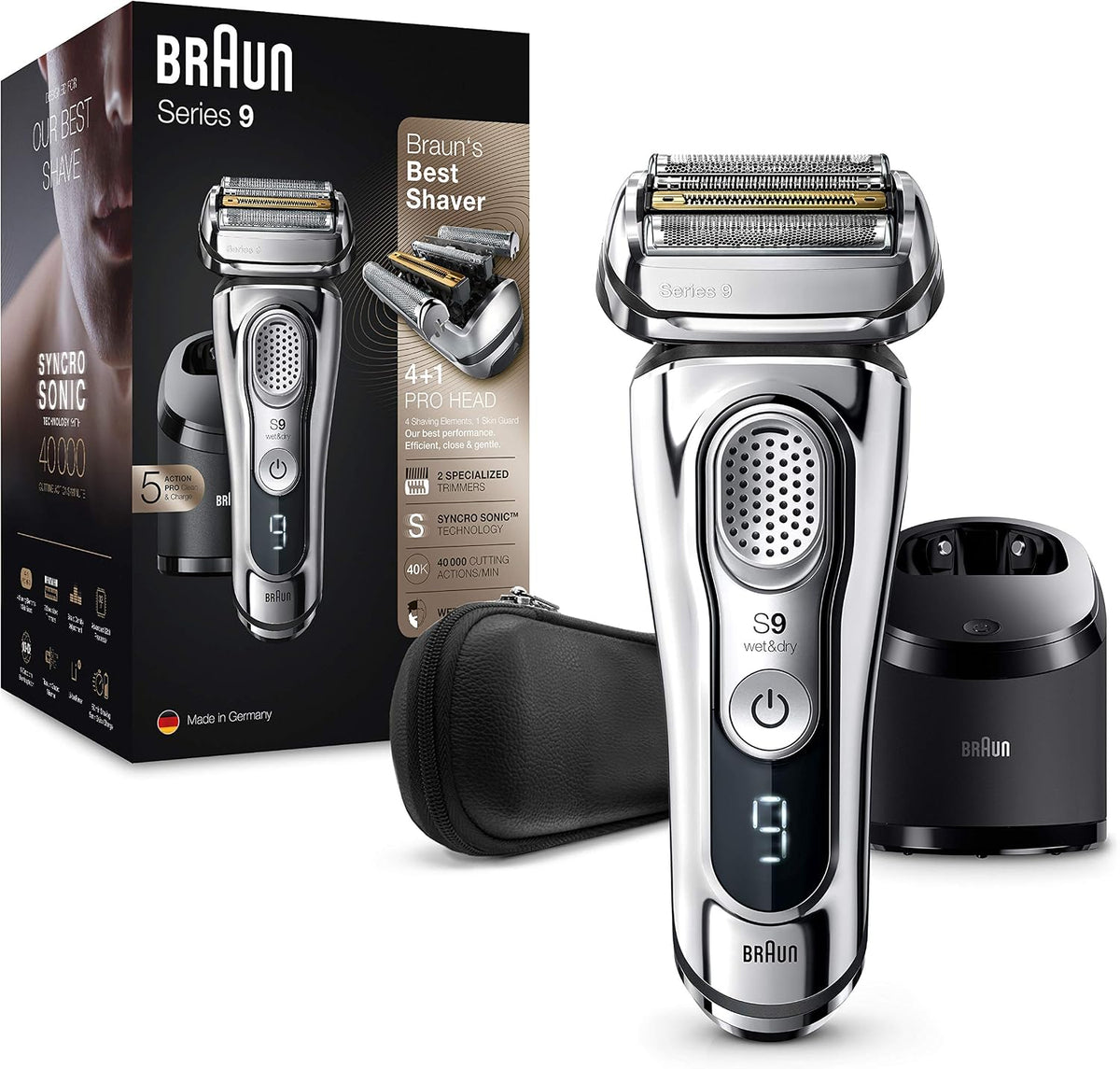 Braun, 9395cc, Folienrasierer, Series 9 Elektrorasierer für Herren, verbesserte Reinigungs- und Ladestation, Ledertasche
