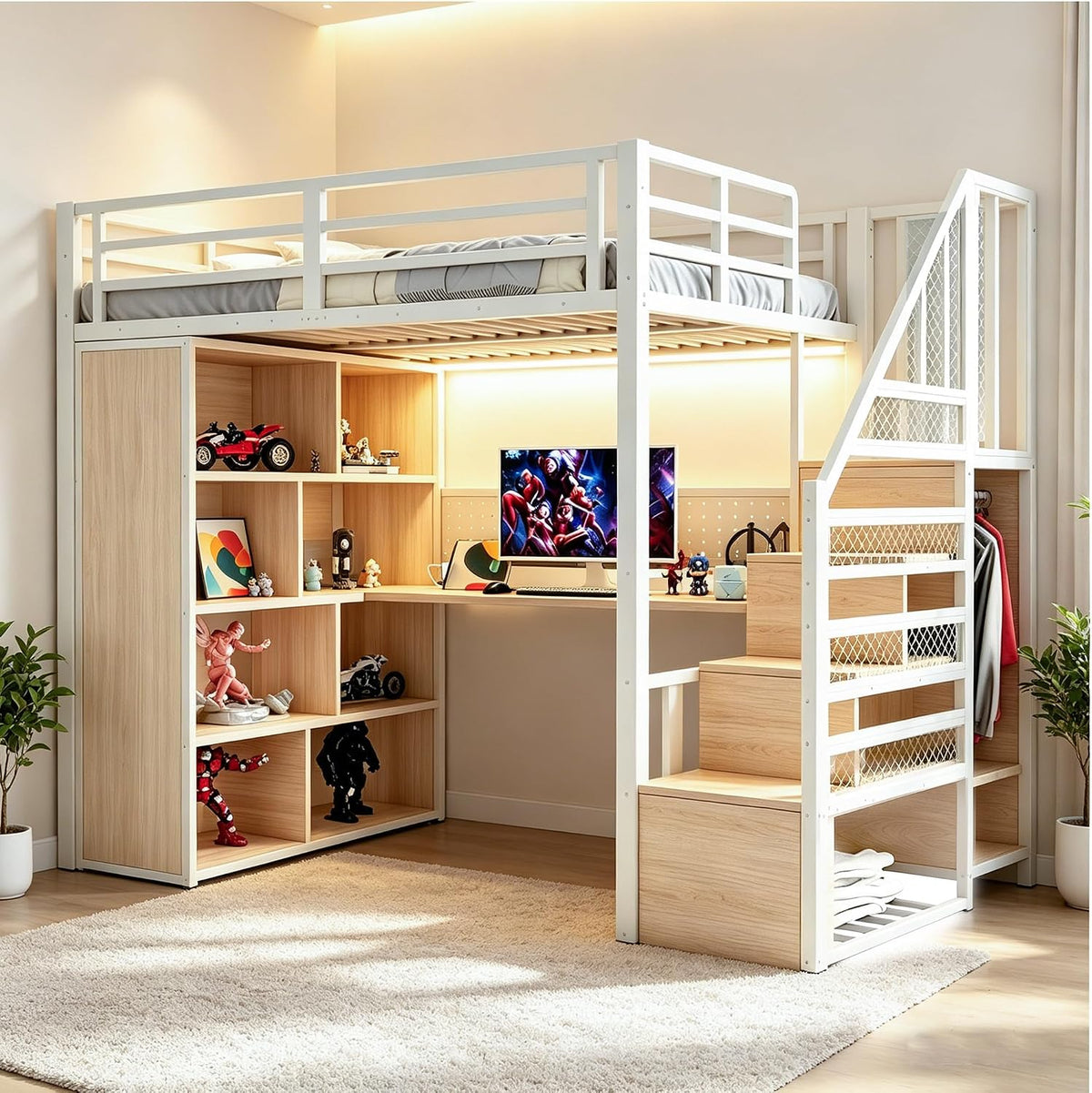 Merax, Matratze, 90 × 200 cm, Weiß/Schwarz, Metall-Hochbett 90x200 cm, mit Schreibtisch, Kleiderschrank und Stauraum