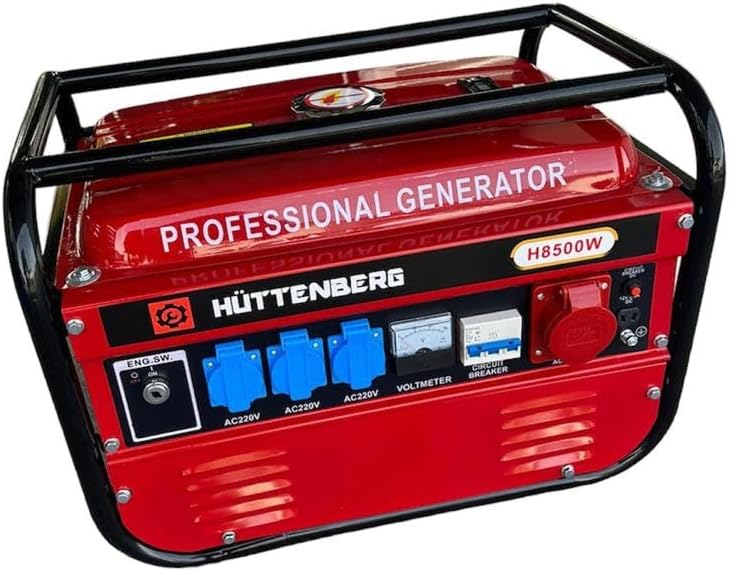 HÜTTENBERG, Powerstation, 220V, Professional Generator H8500W, 5 PS Benzinmotor, Stromerzeuger mit Voltmeter und Schutzschalter