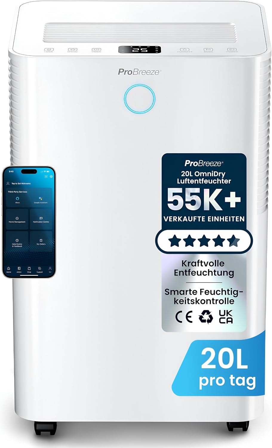 Pro Breeze, Luftentfeuchter, 20L, OmniDry mit App & WLAN, in 24h Entfeuchtungsleistung - elektrisch mit Wäschemodus