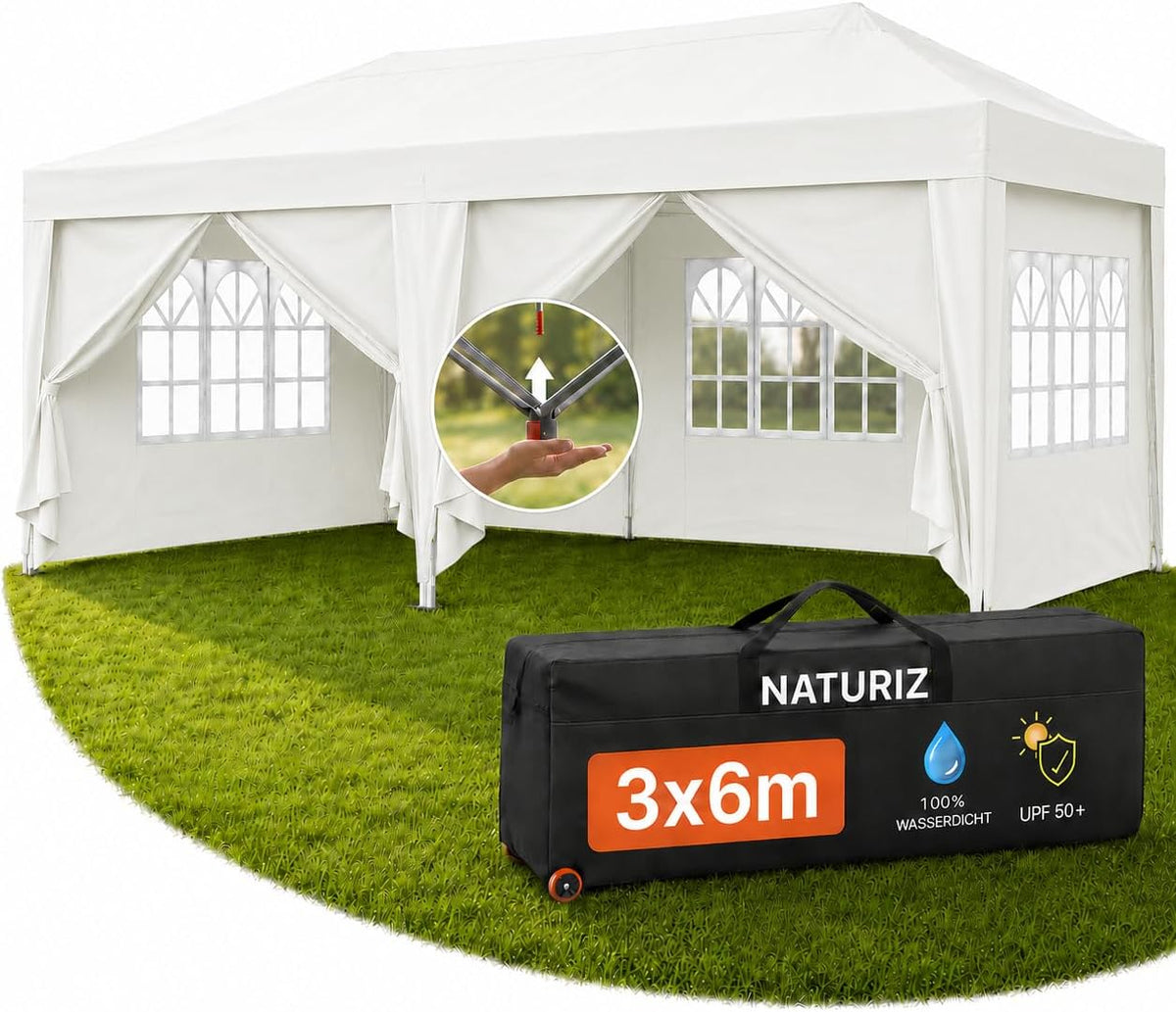 Naturiz, Pavillon, ® 3x6 Wasserdicht Stabil & UV 50+ Schutz - Falt mit, Camping, Märktestand & Partyzelt, Garten