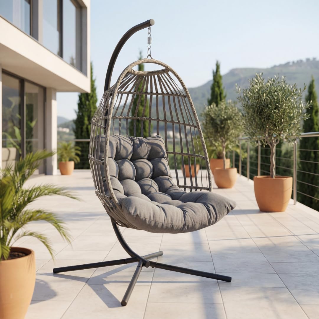 DERKORB, Hängesessel, Der Hängekorb - mit Gestell, wetterfest inkl. Polster, Rattan Hängeschaukel für Garten & Indoor