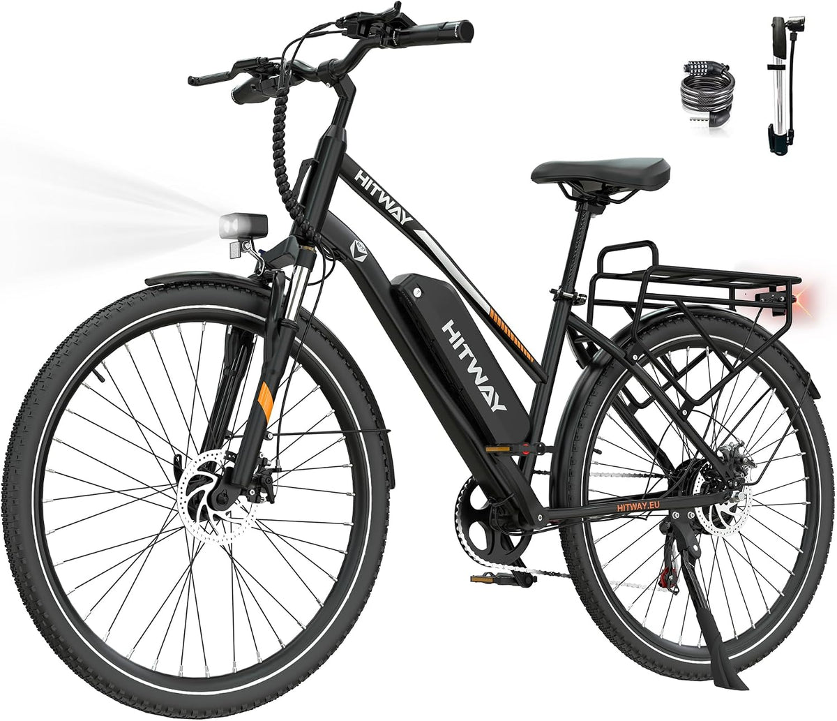HITWAY, E-Bike, 13Ah, 250W, 36V, Schwarz/Weiß, Elektrofahrrad Trekkingrad mit Akku, bis zu 100 km Reichweite, Motor