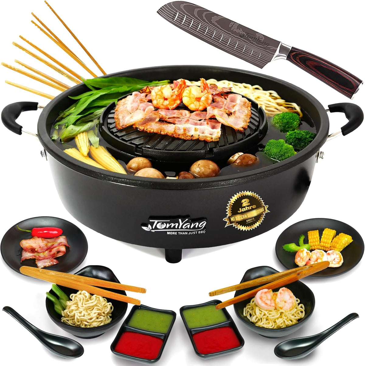 TomYang, Elektrische Hot Pots, Hot Pot Set inkl. Santoku Messer, Grillzangen, Asia Fondue Geschirr