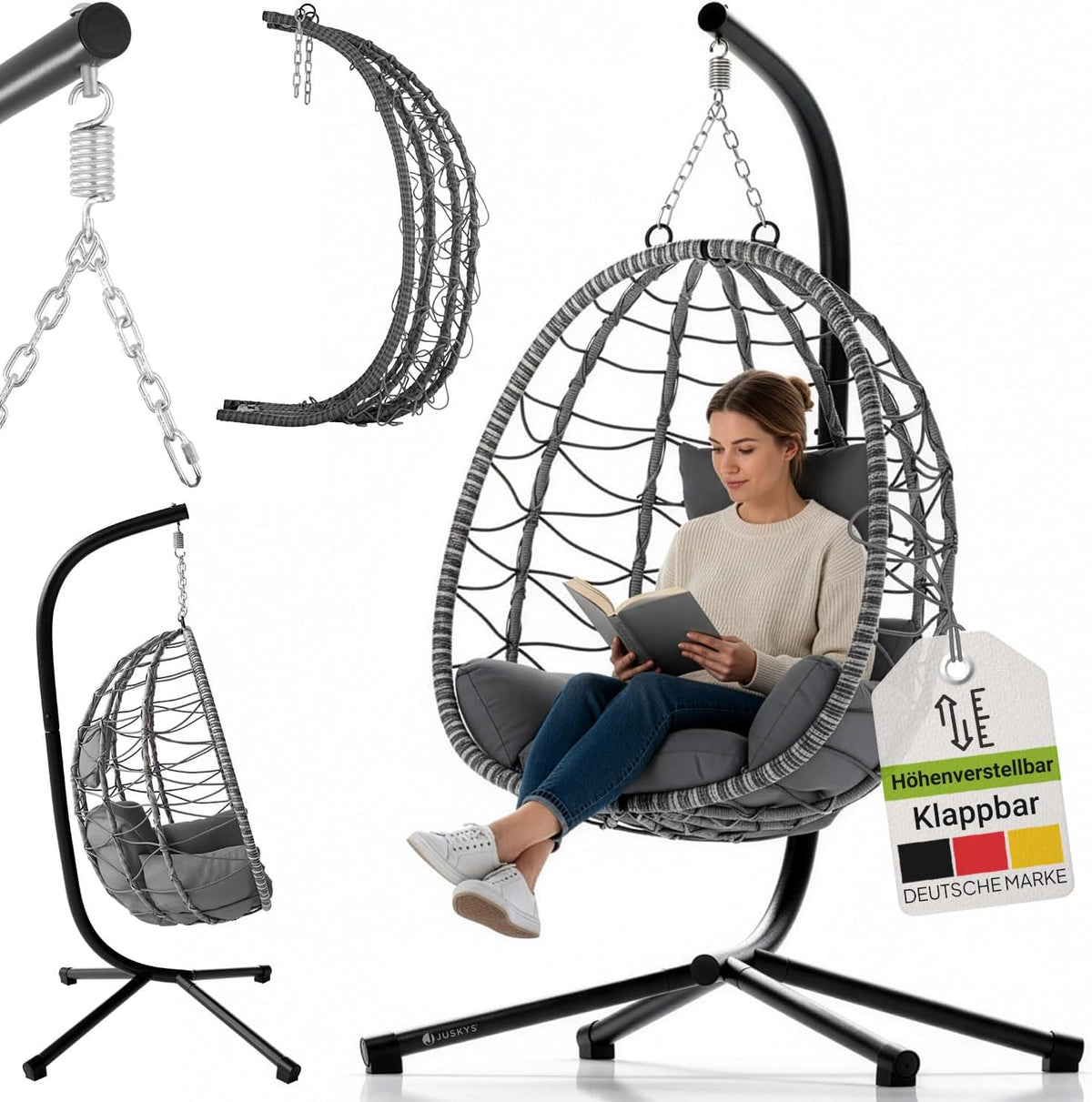 Juskys, Hängesessel, 130 kg, ® Aria mit Gestell höhenverstellbar, faltbar & ergonomisch - Outdoor & Indoor - bis - Polyrattan