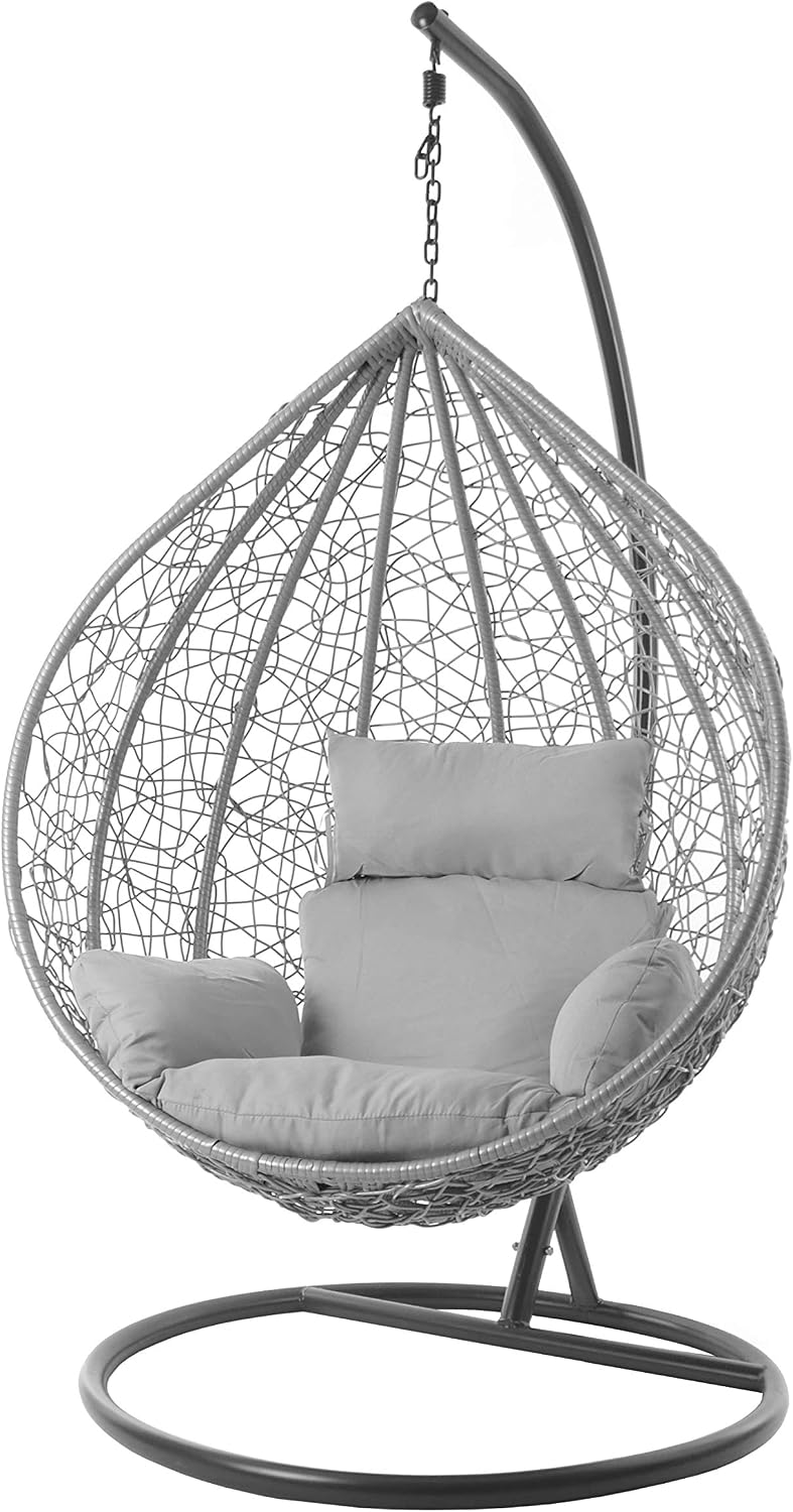 Kideo, Hängesessel, ® Komplettset: großer mit Gestell & Kissen, Lounge Möbel, Poly-Rattan, grau (grau Nest (8008 Cloud))