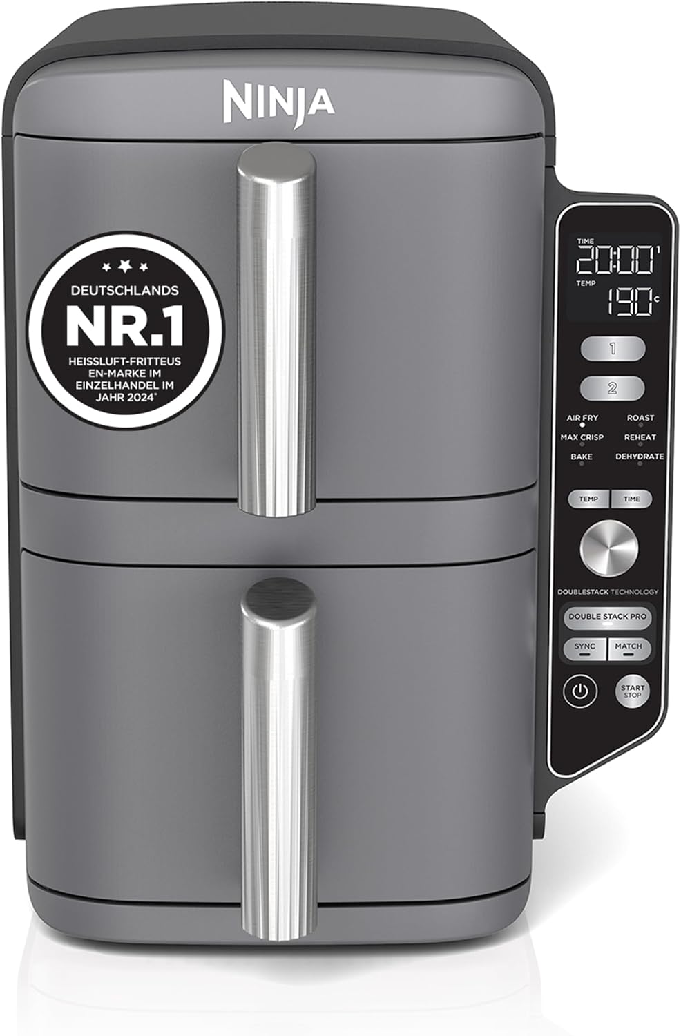 Ninja, Heissluftfritteuse, 9,5 L, Double Stack XL Heißluftfritteuse, 6 Kochfunktionen, Grau