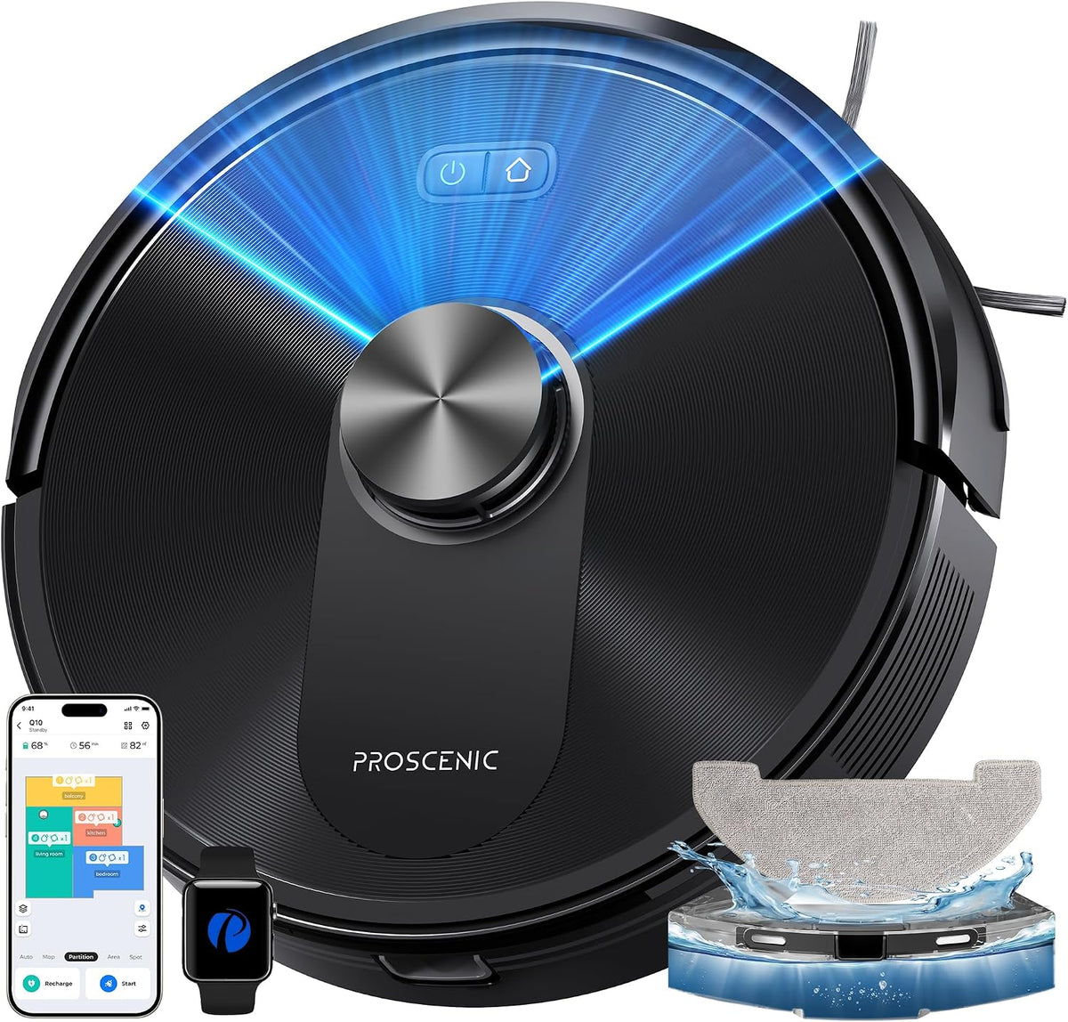 Proscenic, Saugroboter, mit Wischfunktion, 10000Pa 200Min Laufzeit Staubsauger Roboter, Saug und Wischroboter, Laser Navigation mit No-Go-Zonen