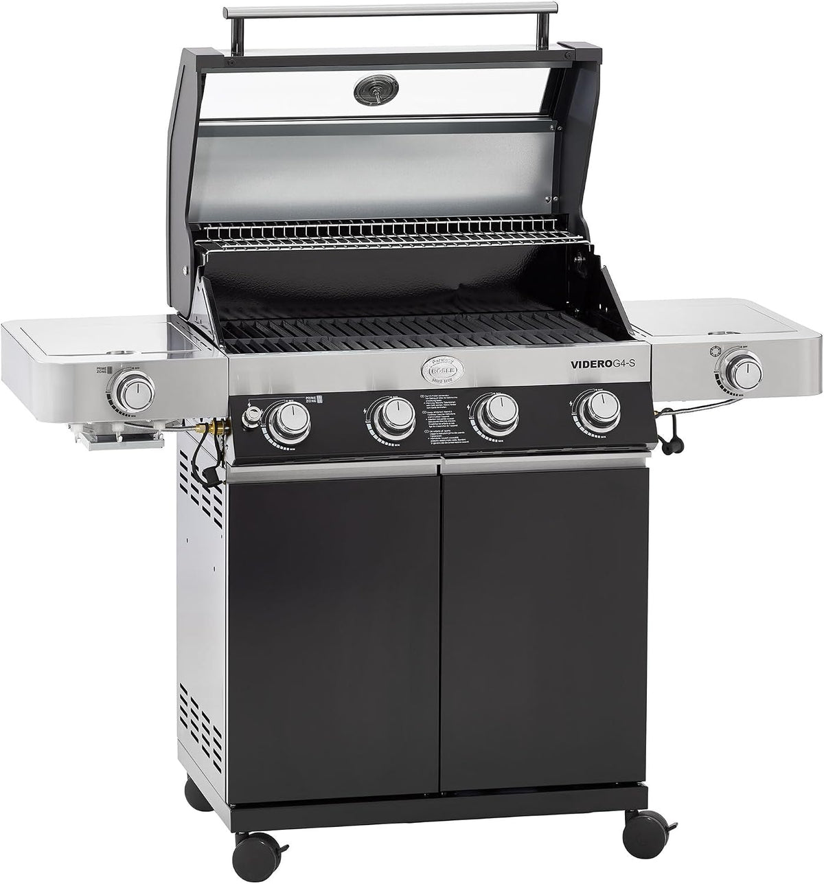 RÖSLE, Gasgrill, BBQ-Station VIDERO G4-S Schwarz, Grill mit 4 Edelstahlbrennern, extra Primezone und Seitenbrenner