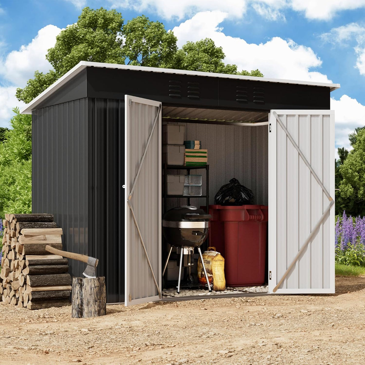 Gerätehaus, Amopatio, 228x109x182 cm, Gartenhaus mit Pultdach, Geräteschuppen (BxTxH), Gartenhaus Metall mit Tür