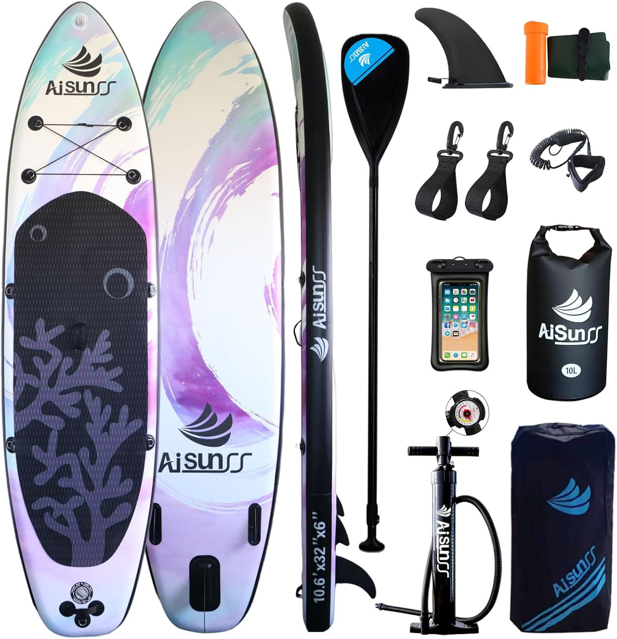 AISUNSS, SUP-Board, 10L, Aufblasbare Stand Up Paddle Boards mit Premium SUP Paddle, wasserdichter Dry Bag, Wide Stable Design