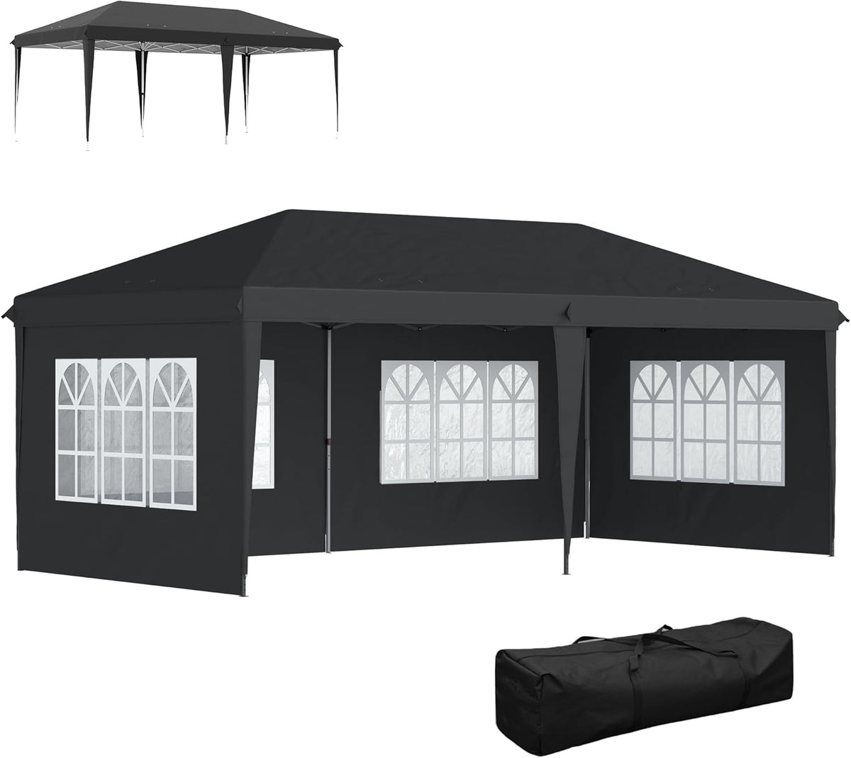 Outsunny, Pavillon, ca. 3x6m Wasserdicht Pop-up Falt Fenster Schwarz