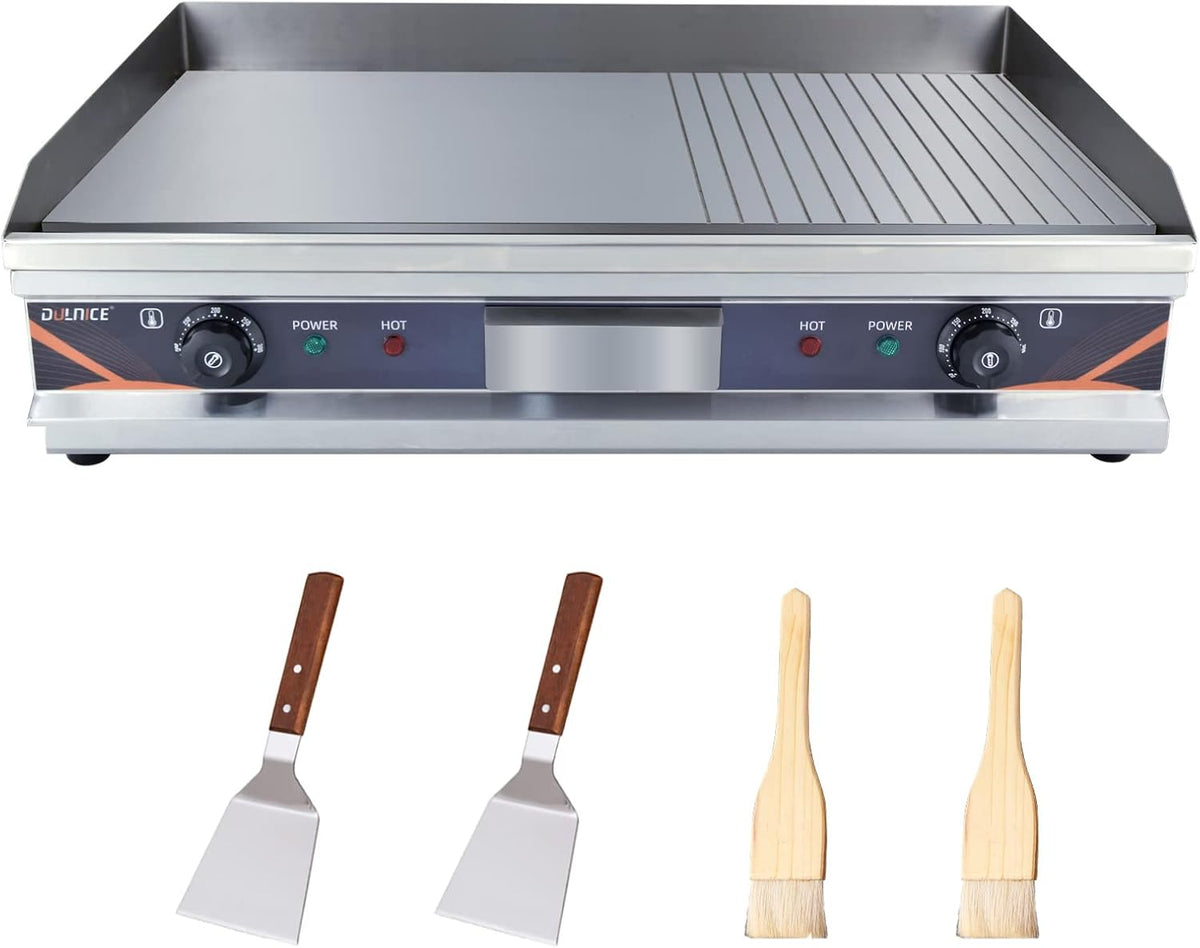 DULNICE, Elektrogrill, 73x47cm, Kommerzielle Grillplatte Elektrisch 2/3 flach + 1/3 gerillt
