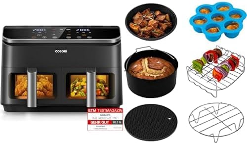 Cosori, Heissluftfritteuse, 8.5 Liter, Heißluftfritteuse R901 & Sechsteiliges Zubehörset für, 2 Zonen, Touch Control
