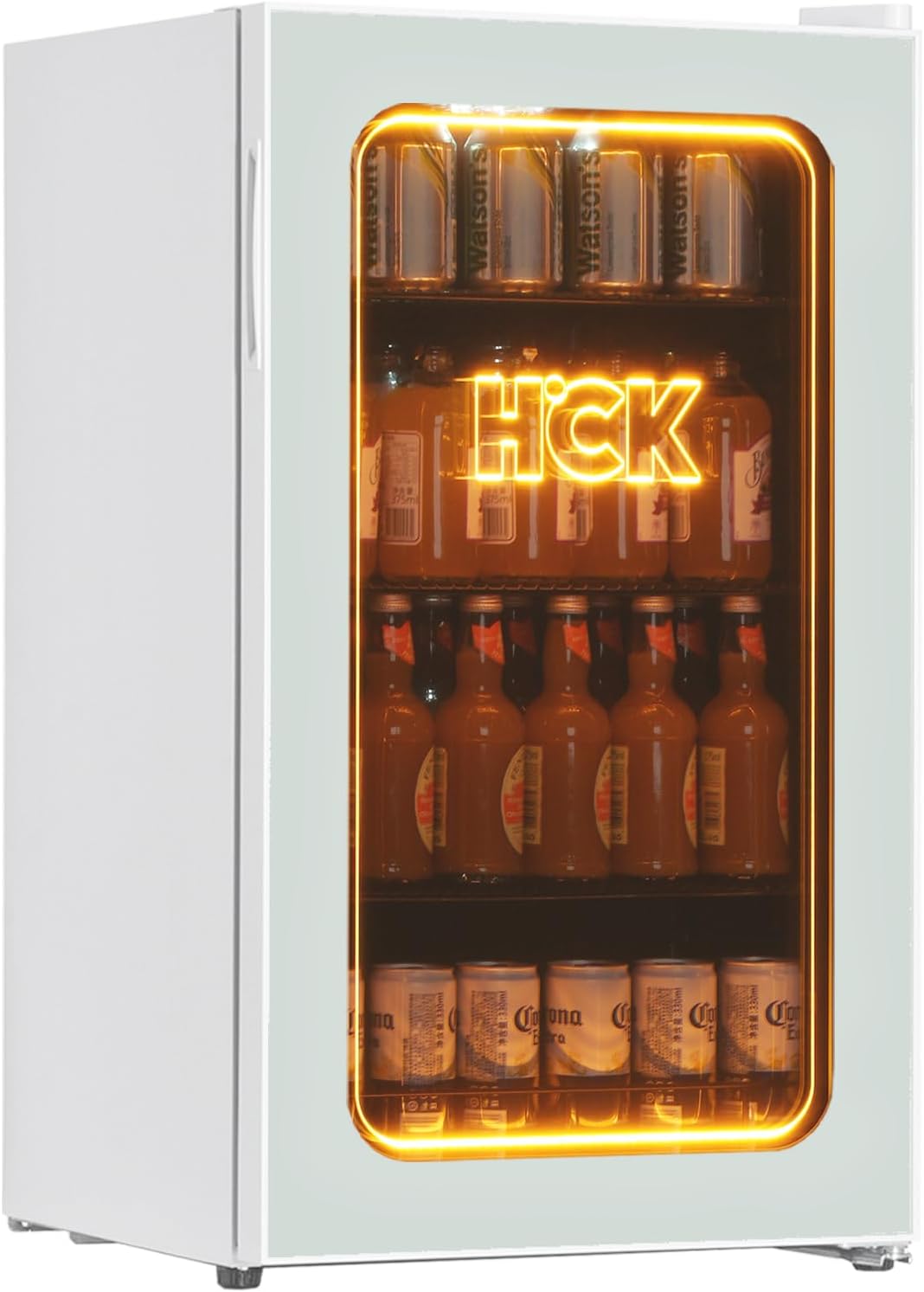 HCK, Mini-Kühlschrank, 98L, Getränkekühlschrank und Kühler, 105 Dosen mit Glastür, 3D Orange Licht kleiner Kühlschrank mit verstellbaren