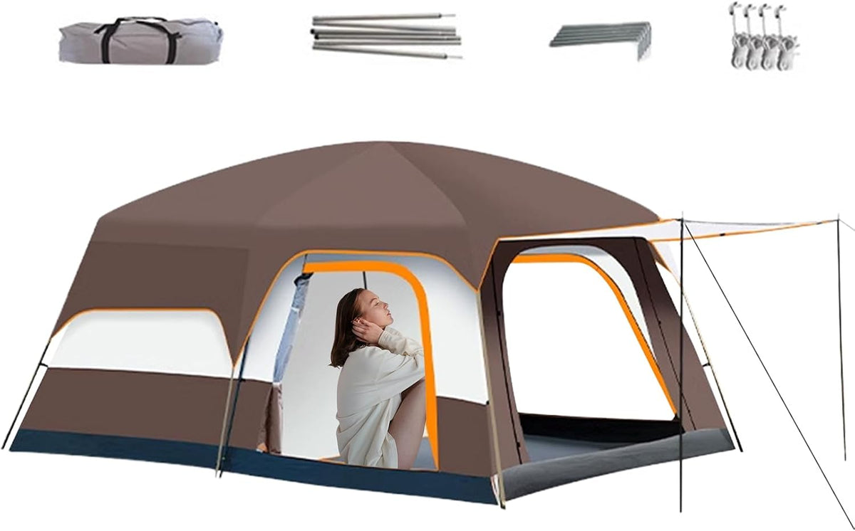 Mimoqk, Strandmuschel, Braun., Family Zelt, Cabin Shelter, Multi-Room Weatherproof Design mit Full Rainfly, Quick Setup Poles Mesh Window Doors