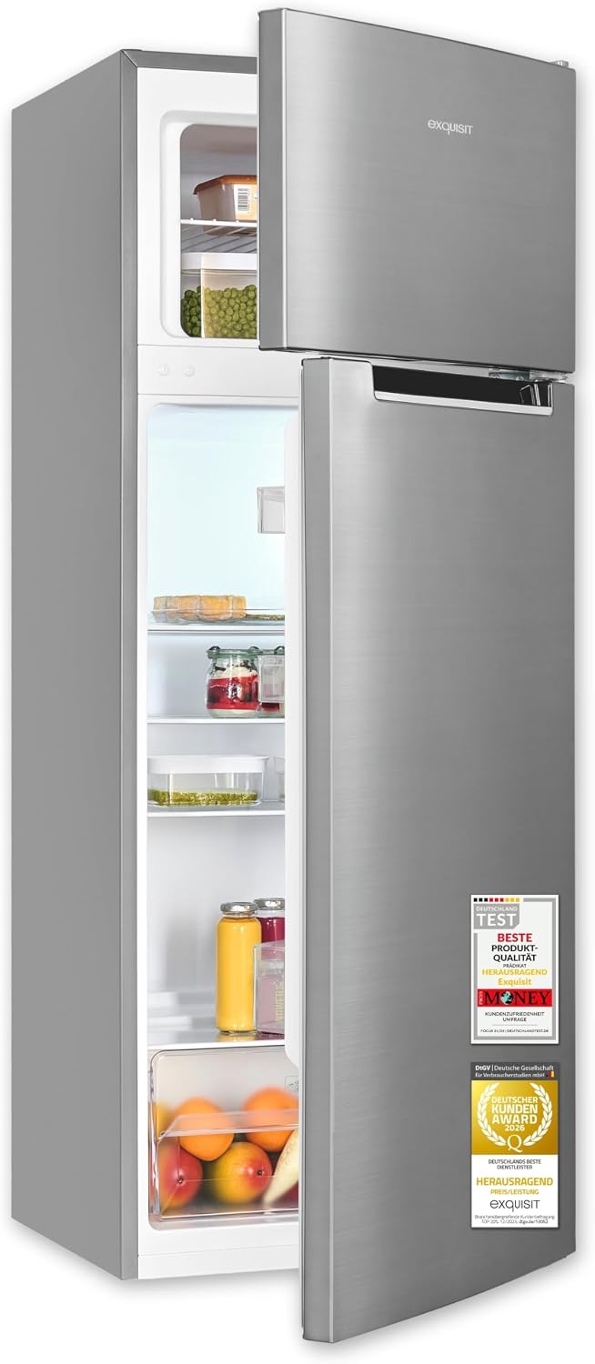 Exquisit, Kühl-Gefrierkombination, 143 cm, 206 L, Kühlschrank mit Gefrierfach, Inoxlook