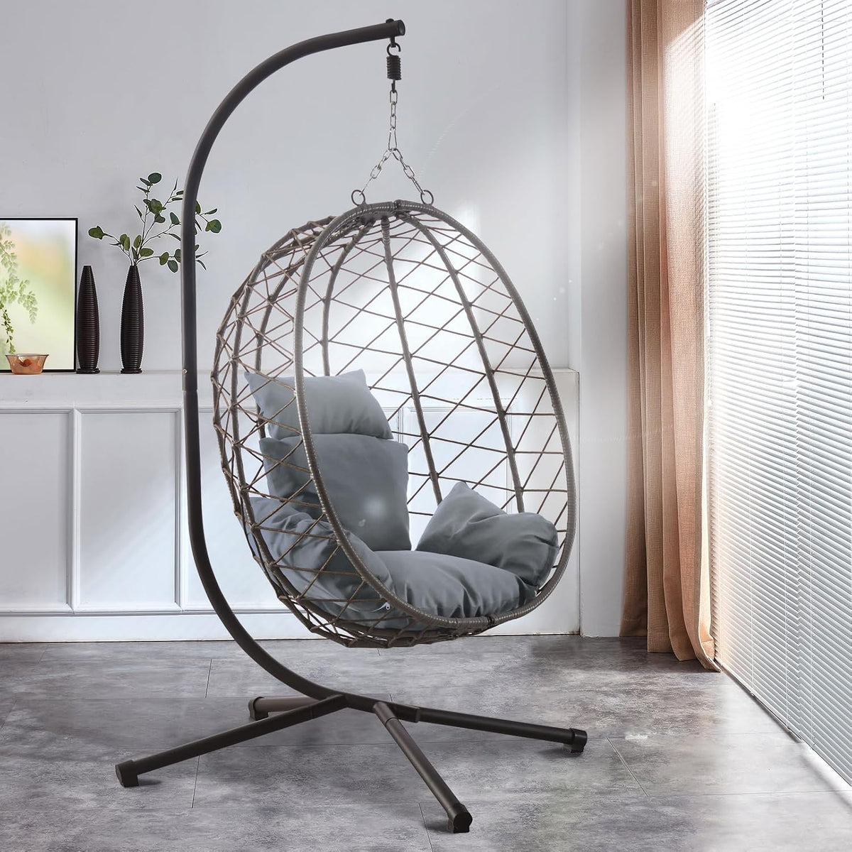 RAMROXX, Hängesessel, Luxus NEW XXL Gestell Schwarz mit Korb und Relaxkissen Grau
