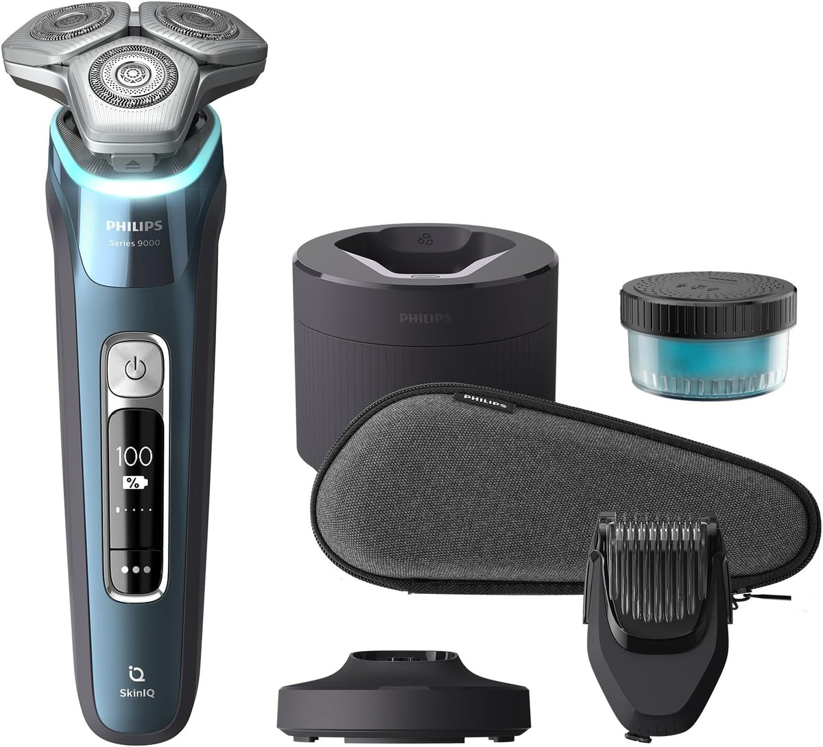 PHILIPS, Elektrorasierer, Rasierer Series 9000 - Elektrischer Nass- und, Eisblau, Lift&Cut-Rasiersystem, SkinIQ-Technologie
