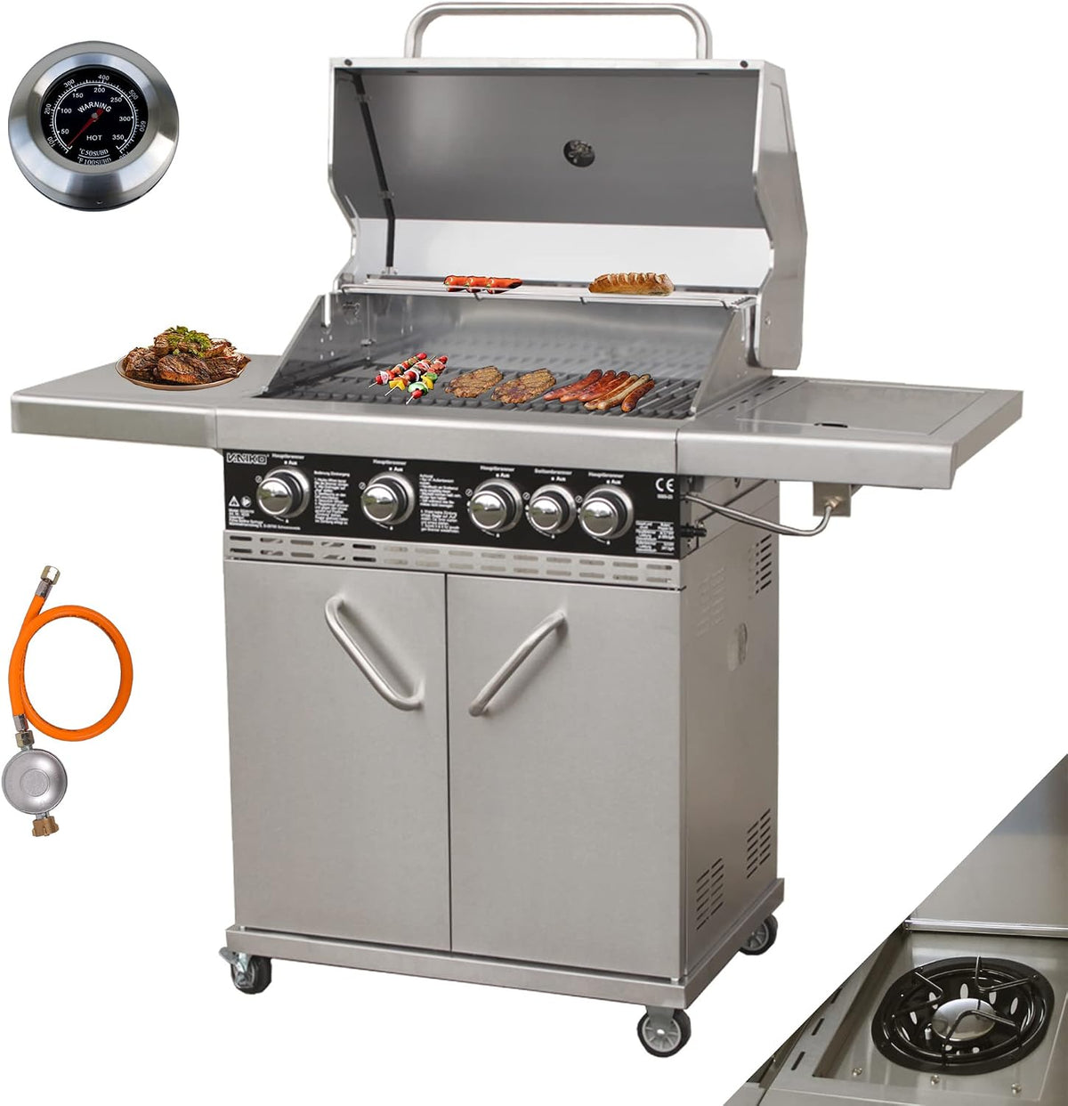 Vaiko, Gasgrill, Chef 4 Echte Edelstahl Konstruktion Grillstation Grillwagen
