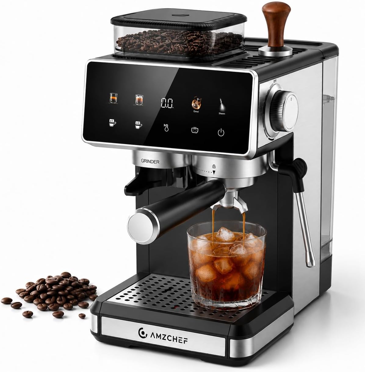 AMZCHEF, Kaffeemaschine, 20 Bar, Siebträgermaschine mit Mahlwerk, Cold Brew