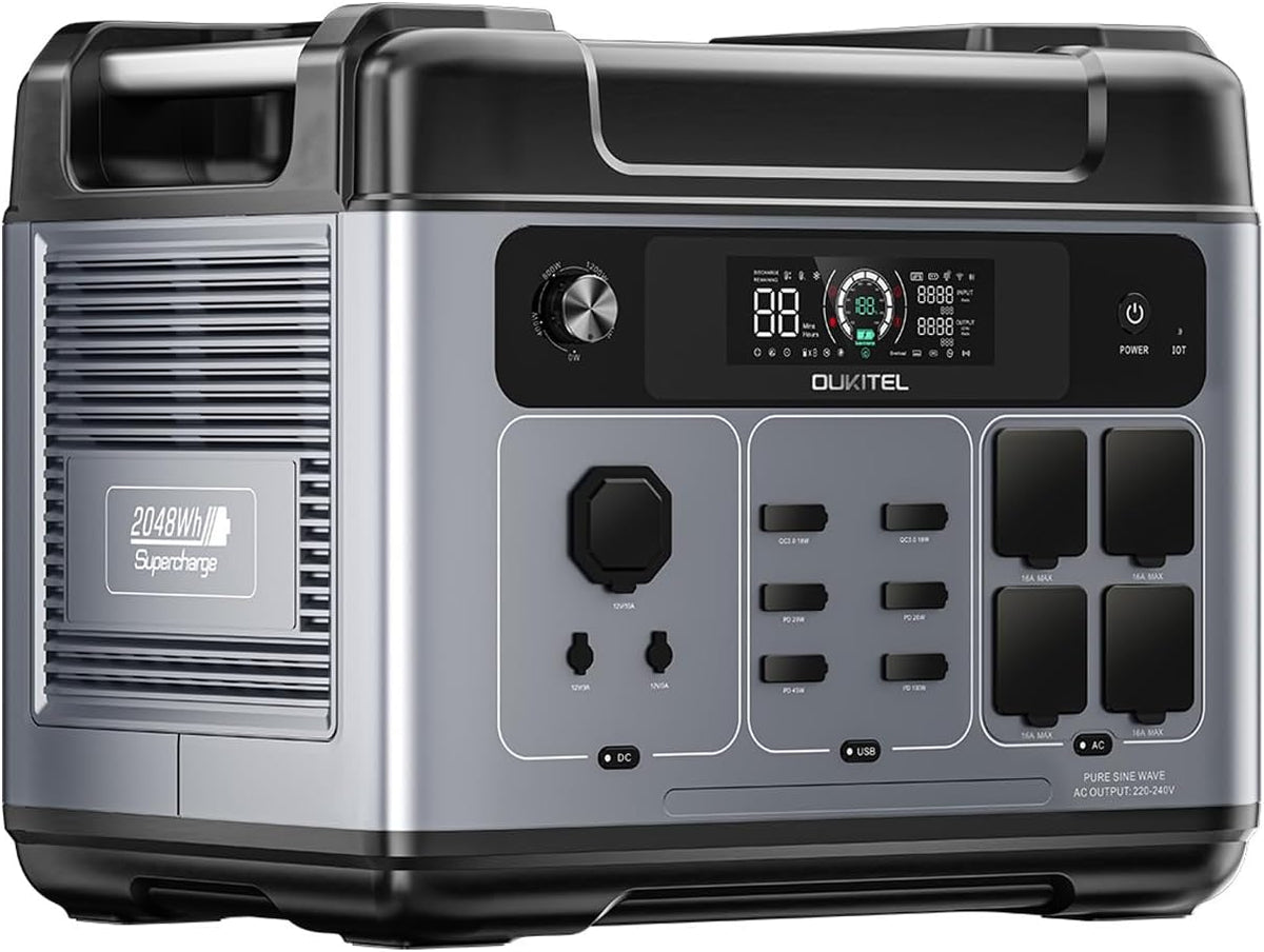 OKITECH, Powerstation, 2048 Wh, 2400 W, 230 V, OUKITEL P2001 Plus Tragbare Energiestation, mit Schutzhülle, LiFePO4-Akku mit