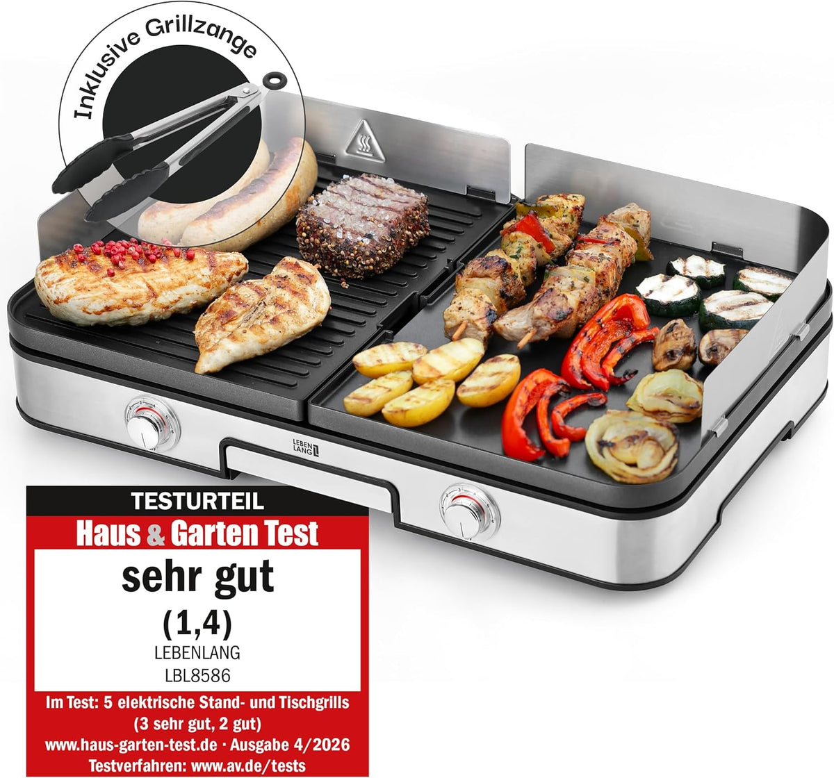 LEBENLANG, Elektrogrill, 2400W, Tischgrill elektrisch - & Inkl. Grillzange
