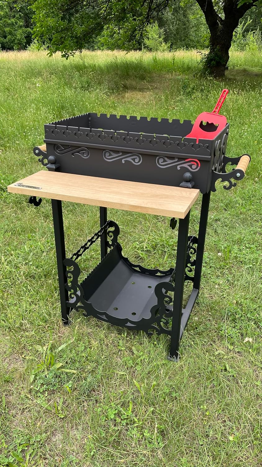 Firednepr, Holzkohlegrill, 4 mm, Grill, Mangal, BBQ 'Vostochnij', Gartengrill, Grill mit Stahl. Holzregal, Holzfach