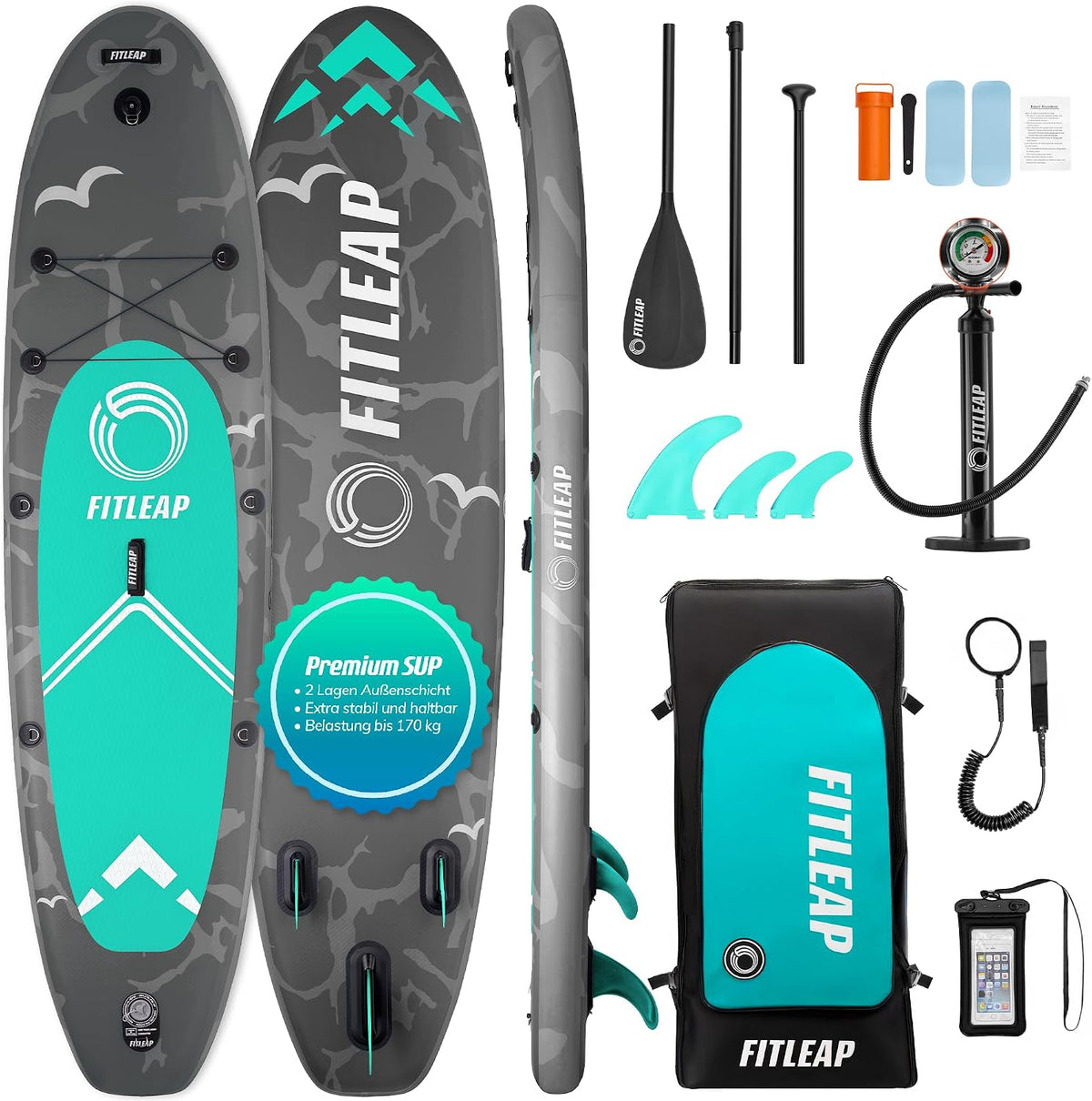 Fitleap, SUP-Board, Stand Up Paddle Board Set komplett mit Pumpe, Paddel und Rucksack