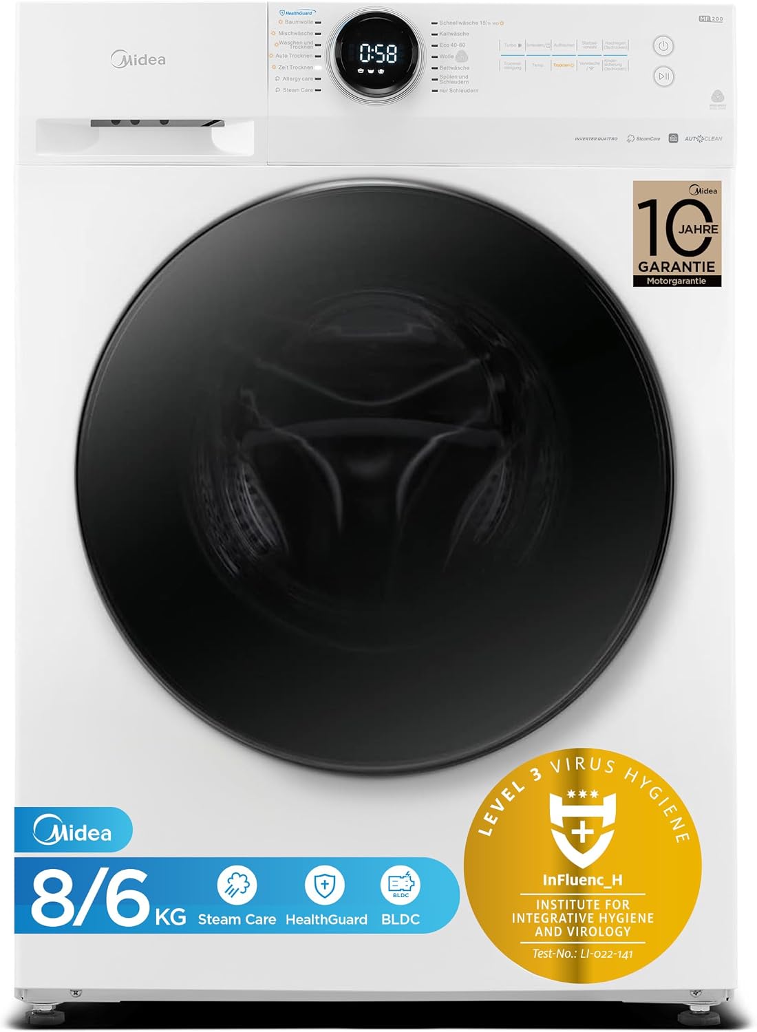 Midea, Waschtrockner, 48 cm, 6kg, MF200D86WB-14EAS Waschtrokner, 8/ Waschen/Trocknen, Inverter Mortor, Auffrischen
